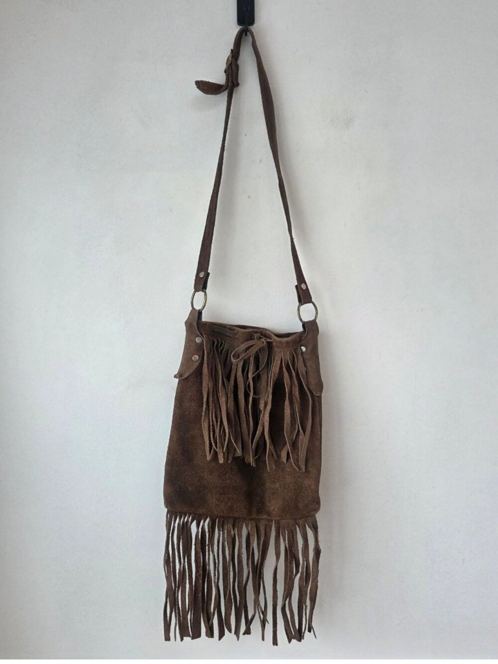 VTG Handmade 70s Brown Suede Leather Bag Crossbody Purse Fringe Trim